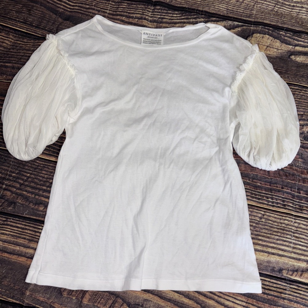 ANTIPAST Artisans Gift White Cotton SS Top with Sheer Puff Ruffle Sleeves S/M - Picture 4 of 7